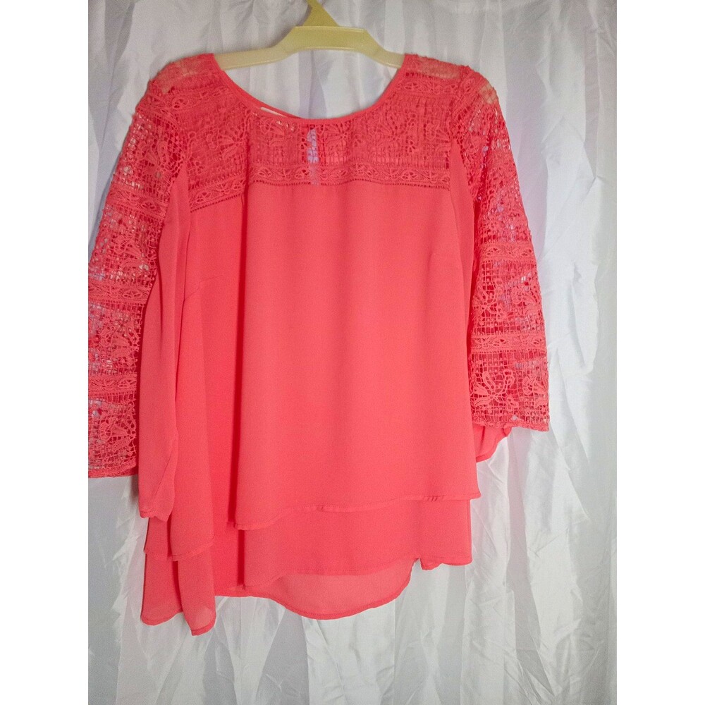 maurices Coral Lace Yoke Layered Chiffon Blouse 3/4 Sleeve Round Neck 1X